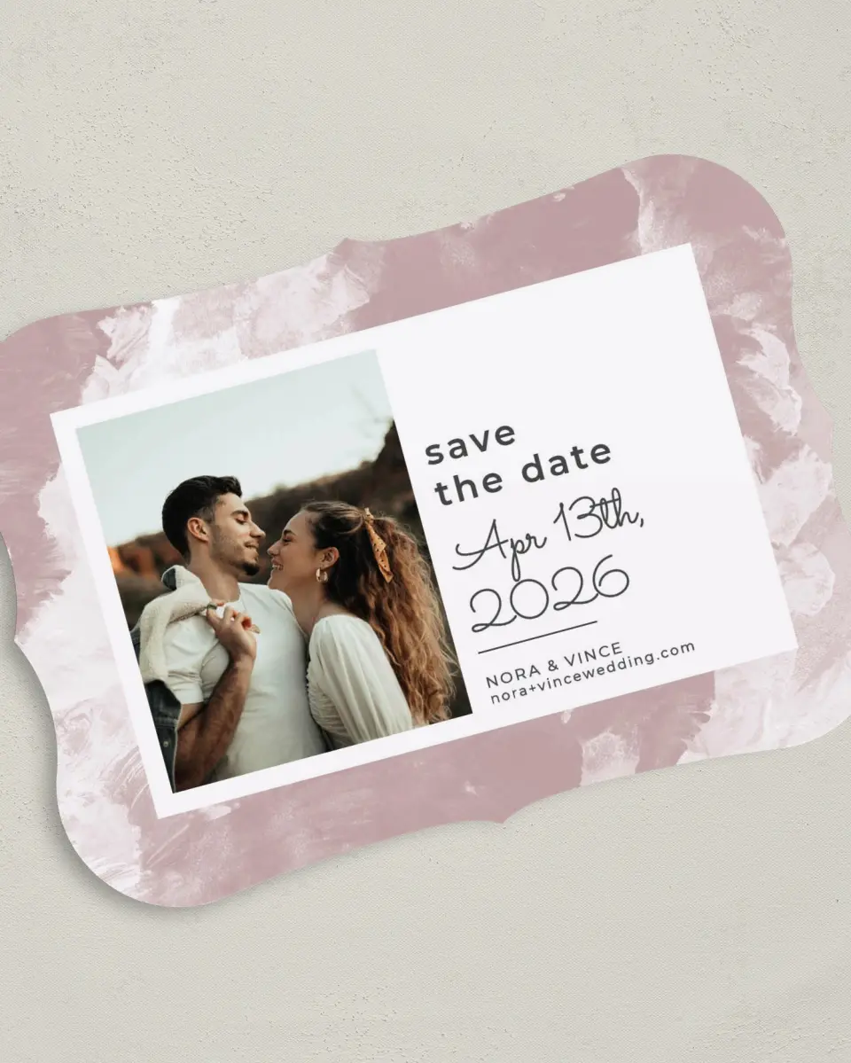 This is a 5" x 7" Save the Date Card called Painted Passion printed in full color on Premium Smooth paper