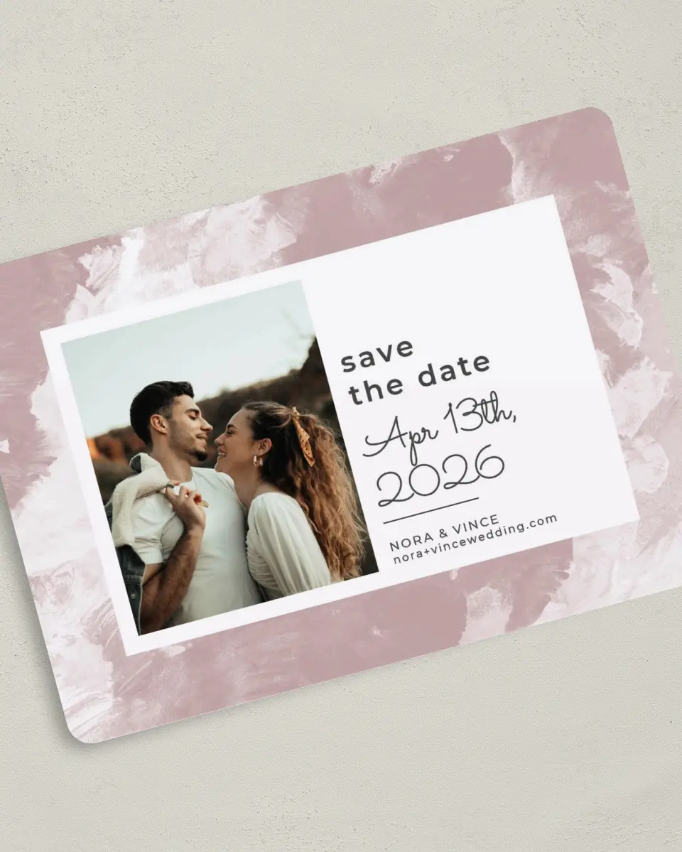This is a 5" x 7" Save the Date Card called Painted Passion printed in full color on Premium Smooth paper