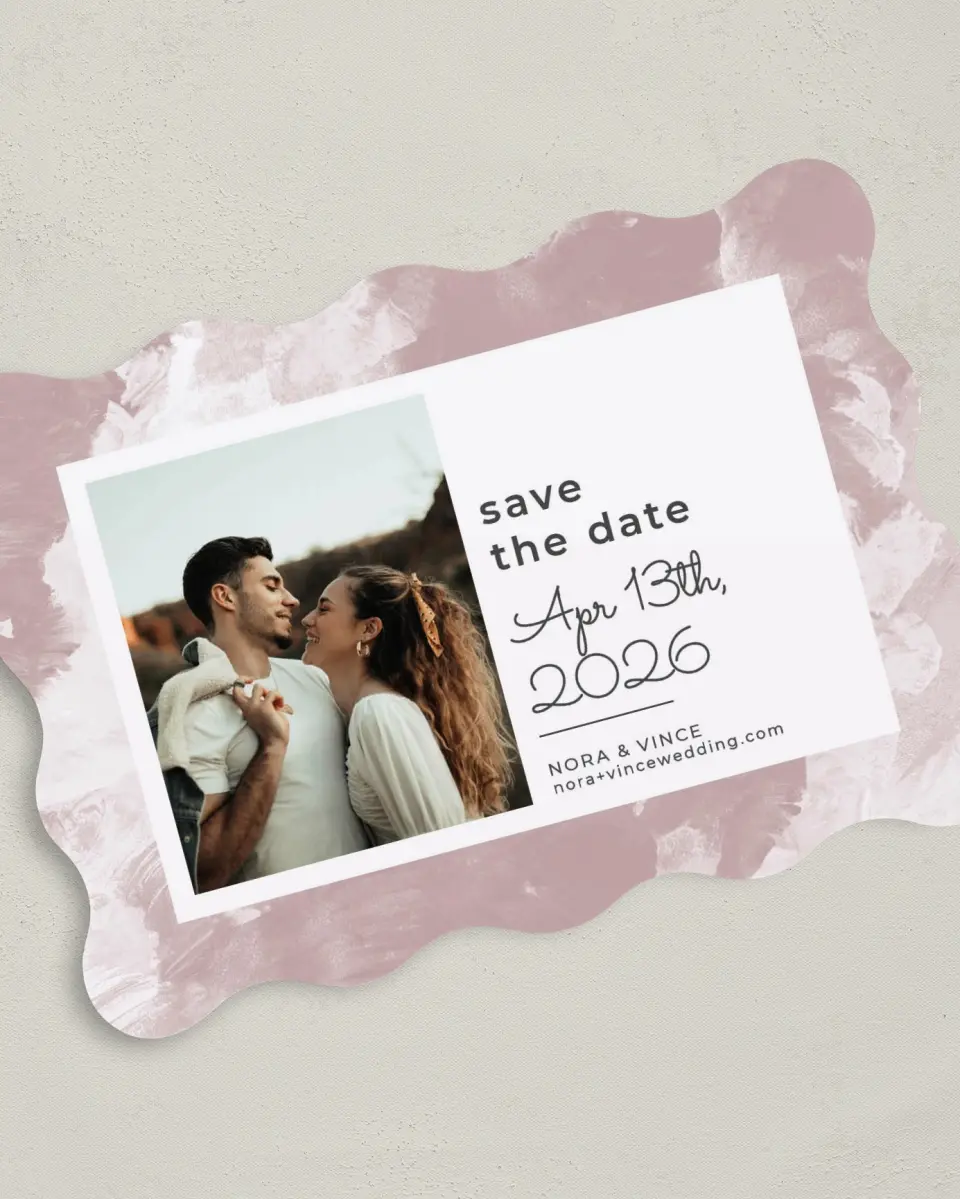 This is a 5" x 7" Save the Date Card called Painted Passion printed in full color on Premium Smooth paper