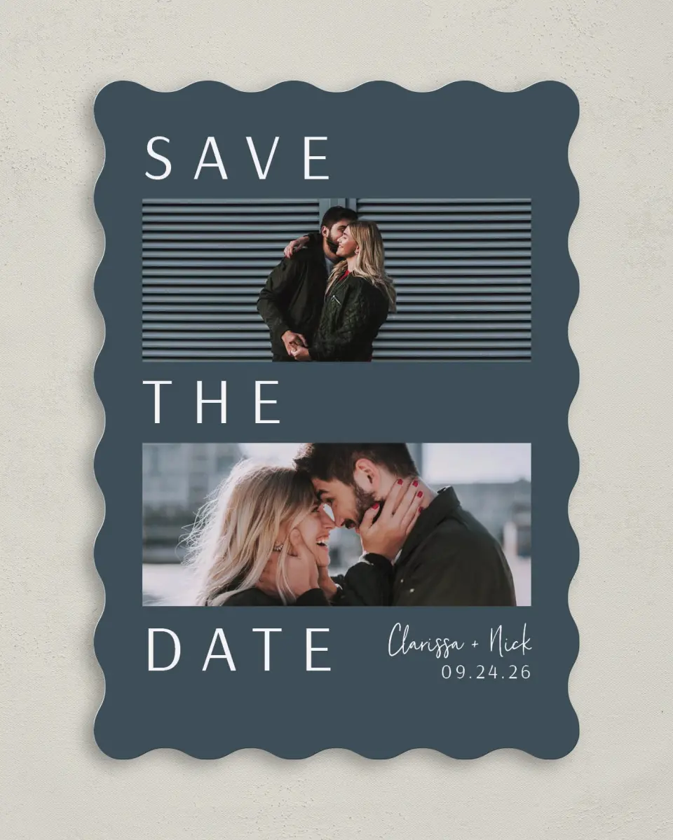 This is a 5" x 7" Save the Date Card called Modest Emotion printed in full color on Premium Smooth paper