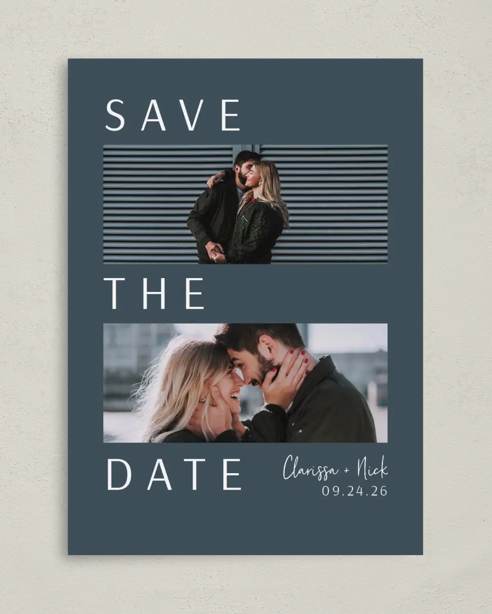 This is a 5" x 7" Save the Date Card called Modest Emotion printed in full color on Premium Smooth paper