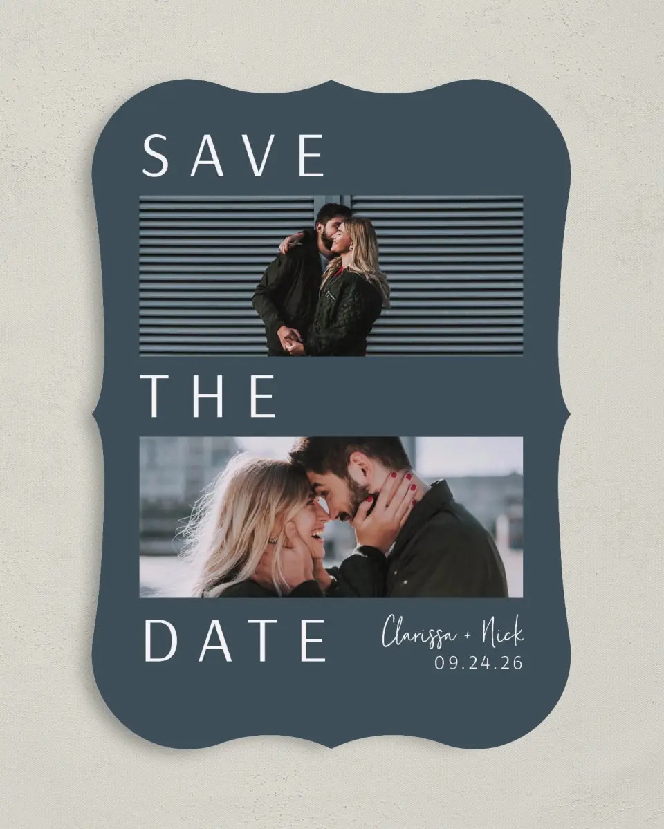 This is a 5" x 7" Save the Date Card called Modest Emotion printed in full color on Premium Smooth paper