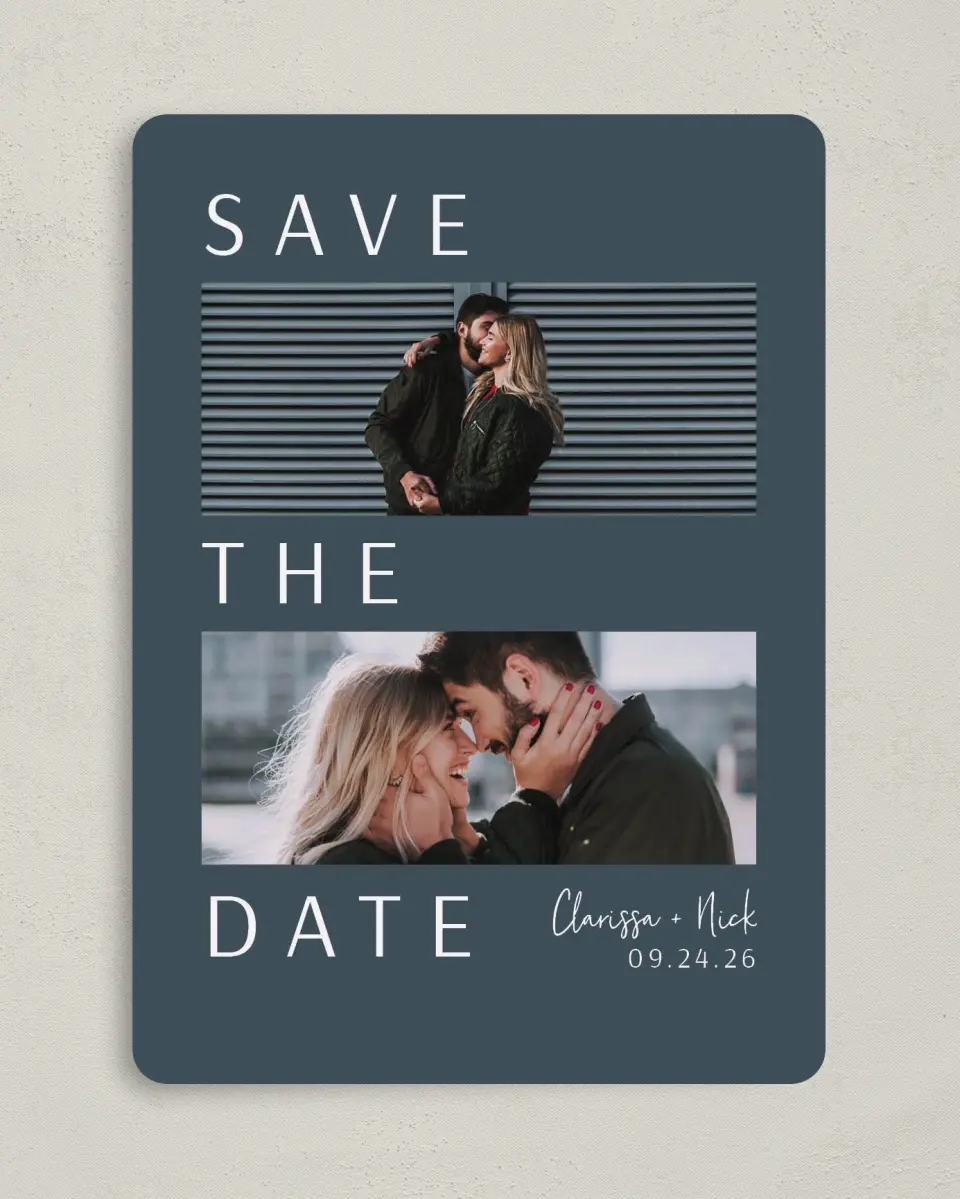 This is a 5" x 7" Save the Date Card called Modest Emotion printed in full color on Premium Smooth paper
