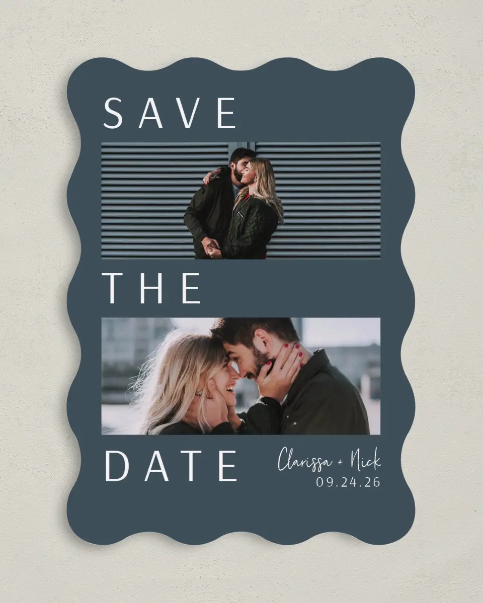 This is a 5" x 7" Save the Date Card called Modest Emotion printed in full color on Premium Smooth paper