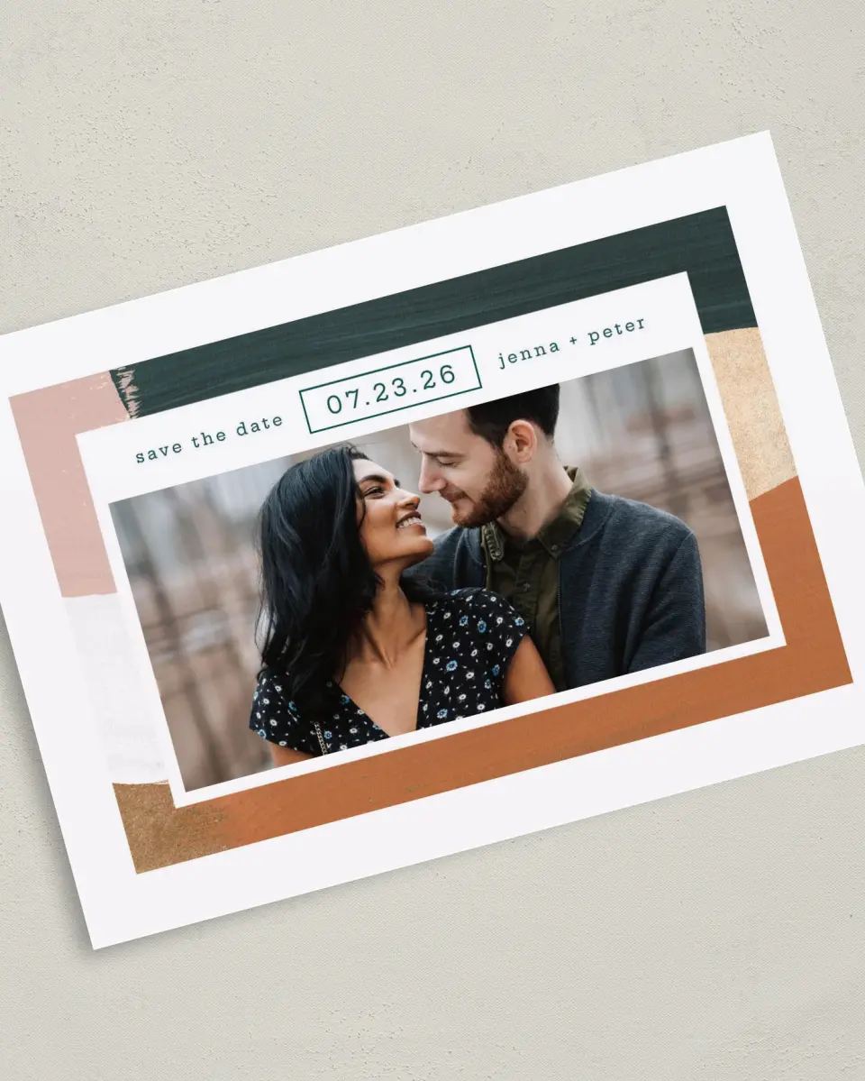 This is a 5" x 7" Save the Date Card called Tasteful Texture printed in full color on Premium Smooth paper
