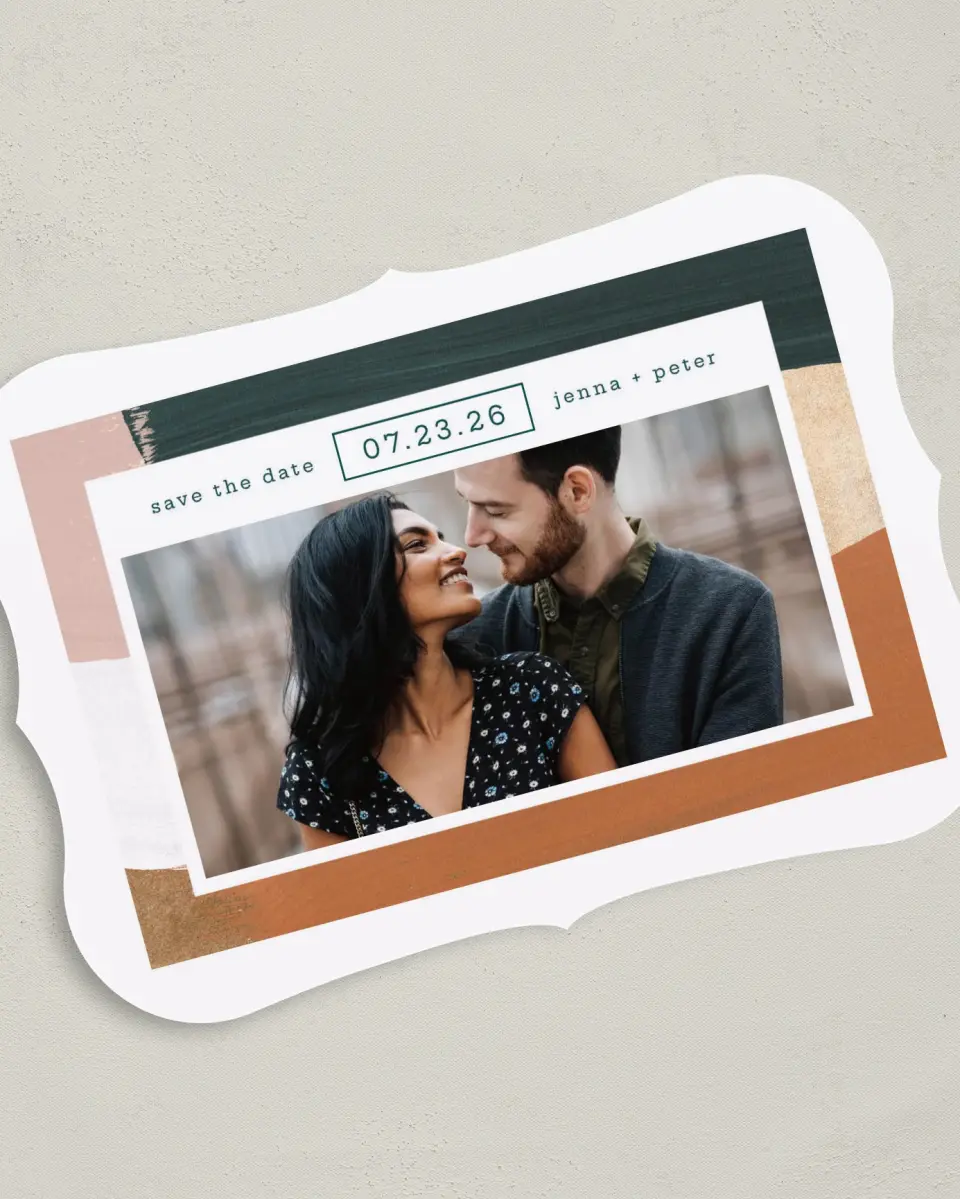 This is a 5" x 7" Save the Date Card called Quiet Affection printed in full color on Premium Smooth paper