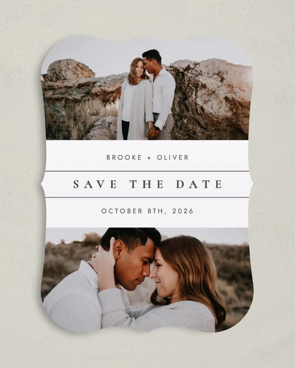 This is a 5" x 7" Save the Date Card called Honest Friendship printed in full color on Premium Smooth paper