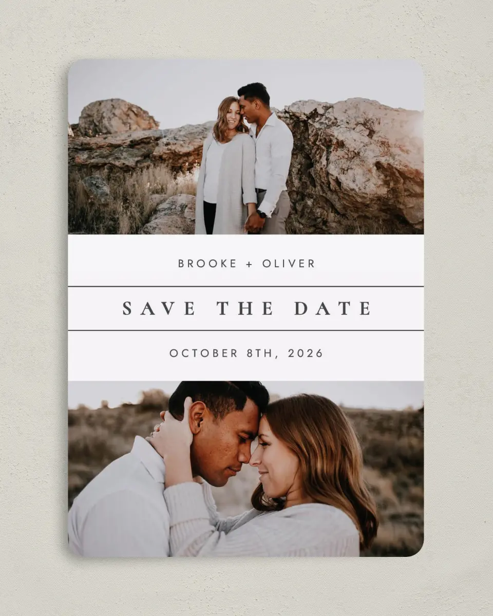 This is a 5" x 7" Save the Date Card called Honest Friendship printed in full color on Premium Smooth paper