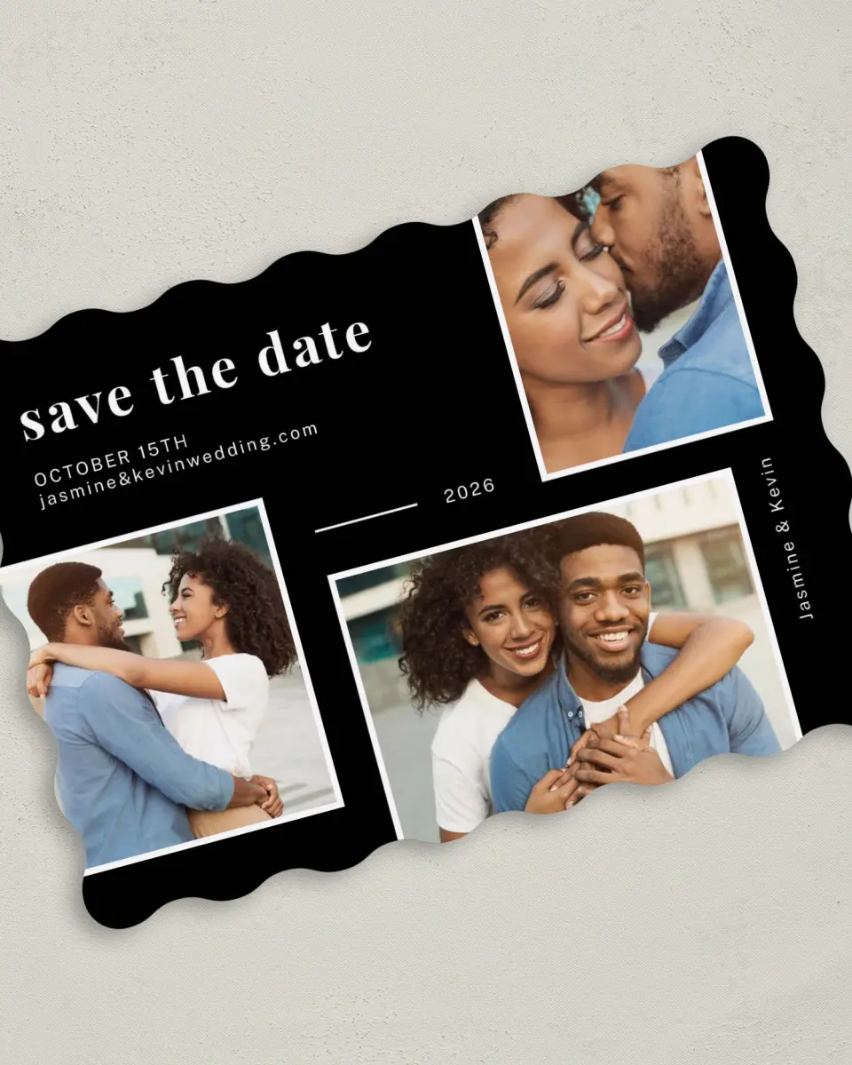This is a 5" x 7" Save the Date Card called Secure Joy printed in full color on Premium Smooth paper
