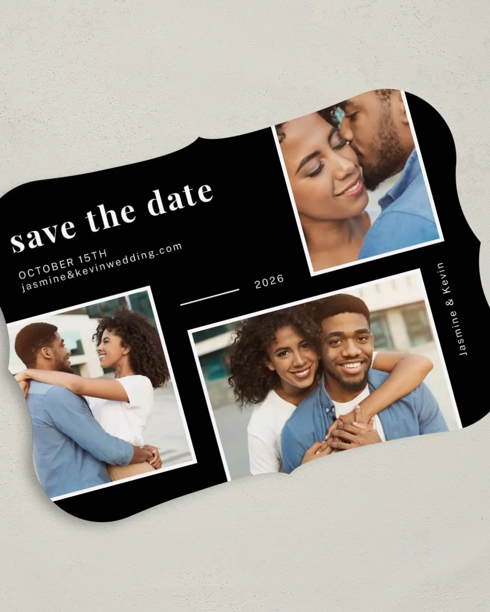 This is a 5" x 7" Save the Date Card called Secure Joy printed in full color on Premium Smooth paper