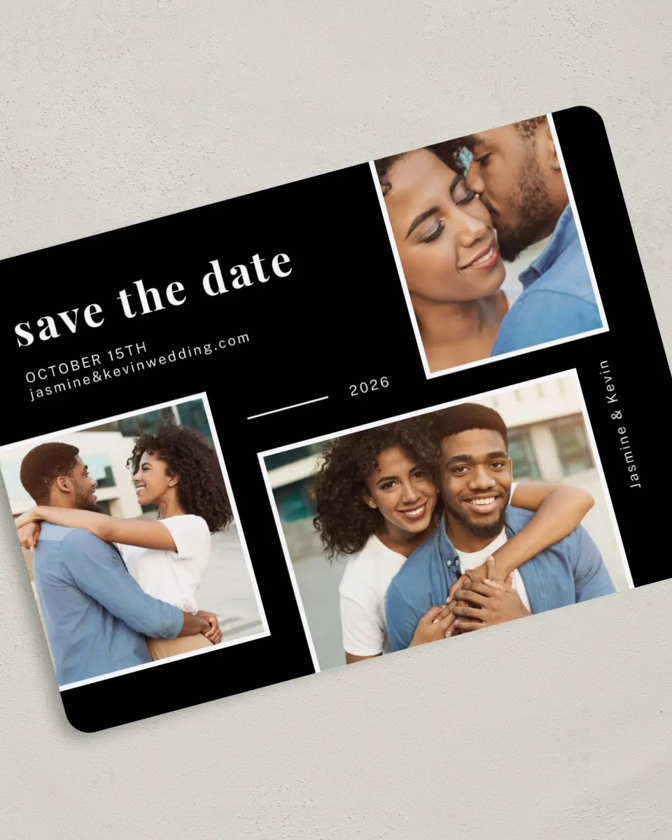 This is a 5" x 7" Save the Date Card called Secure Joy printed in full color on Premium Smooth paper