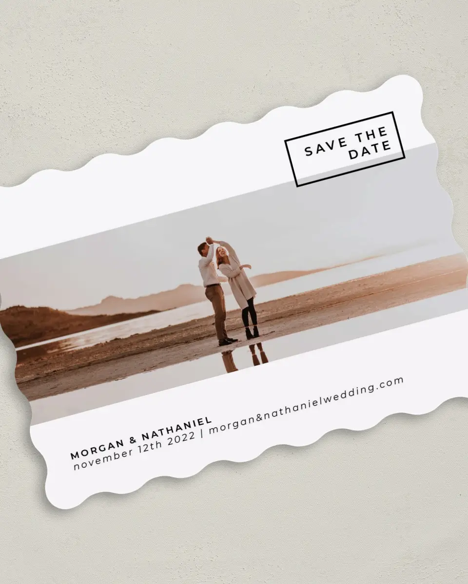 This is a 5" x 7" Save the Date Card called Passionate Panorama printed in full color on Premium Smooth paper