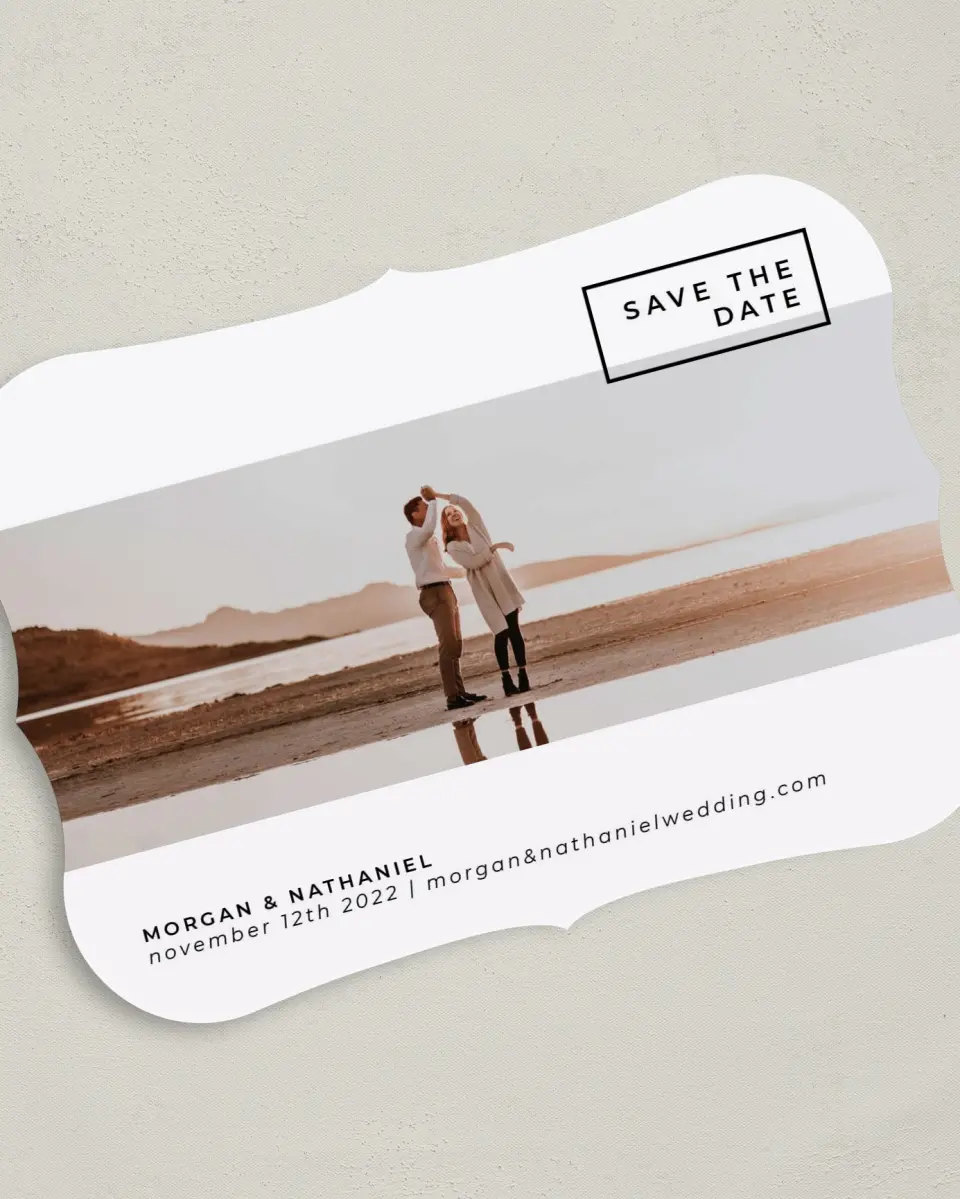 This is a 5" x 7" Save the Date Card called Passionate Panorama printed in full color on Premium Smooth paper