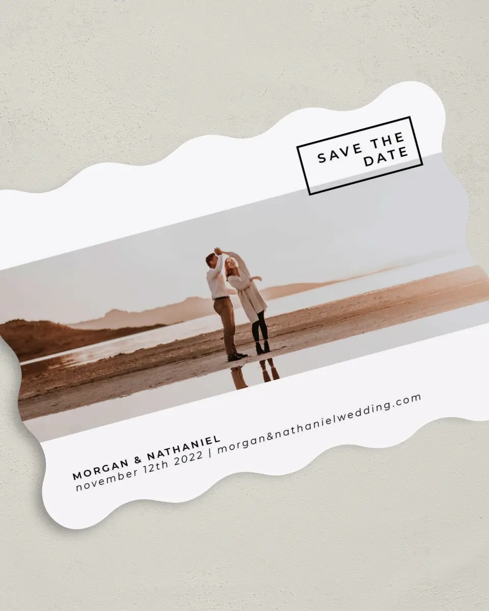 This is a 5" x 7" Save the Date Card called Passionate Panorama printed in full color on Premium Smooth paper