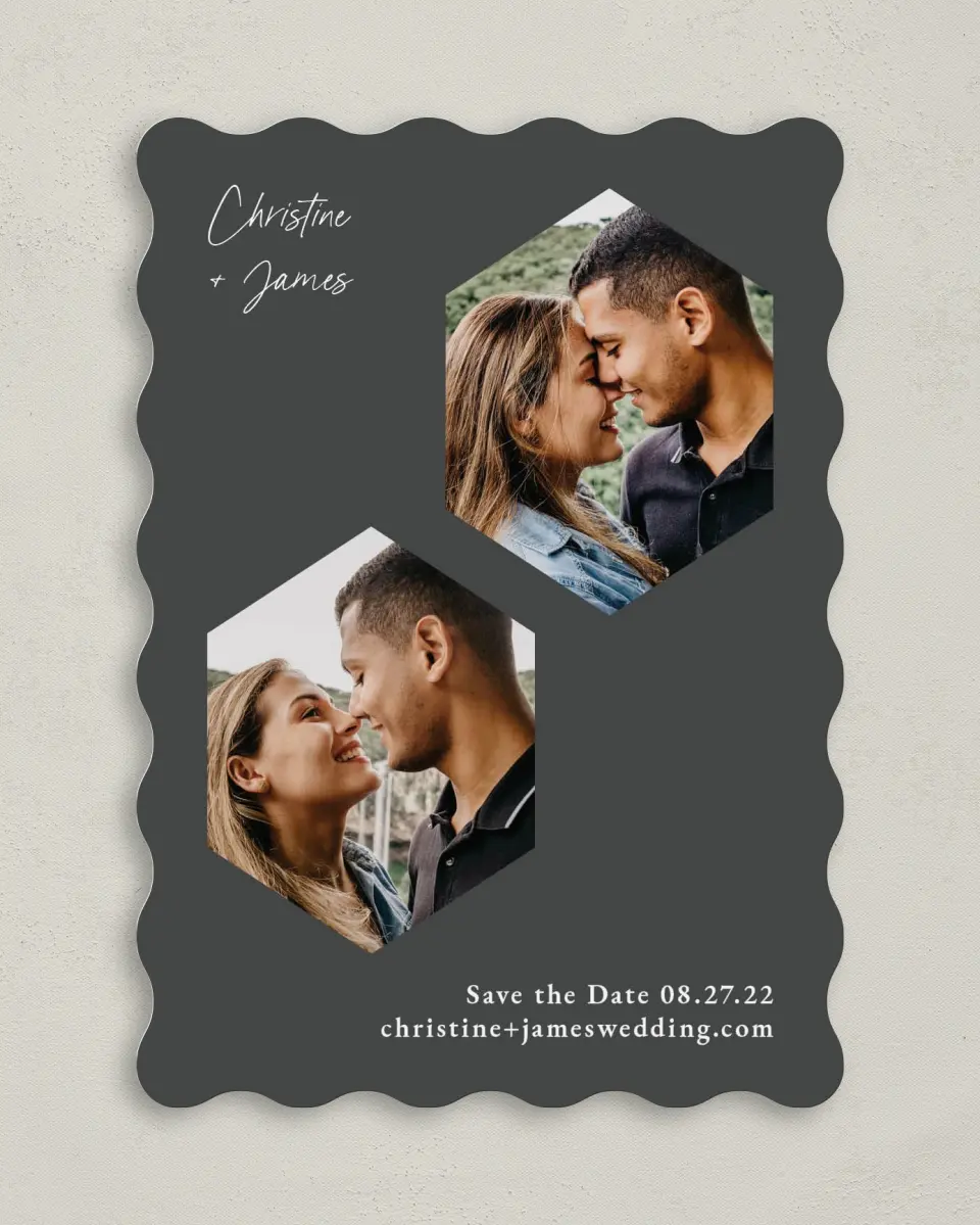 This is a 5" x 7" Save the Date Card called Hexagon Embrace printed in full color on Premium Smooth paper