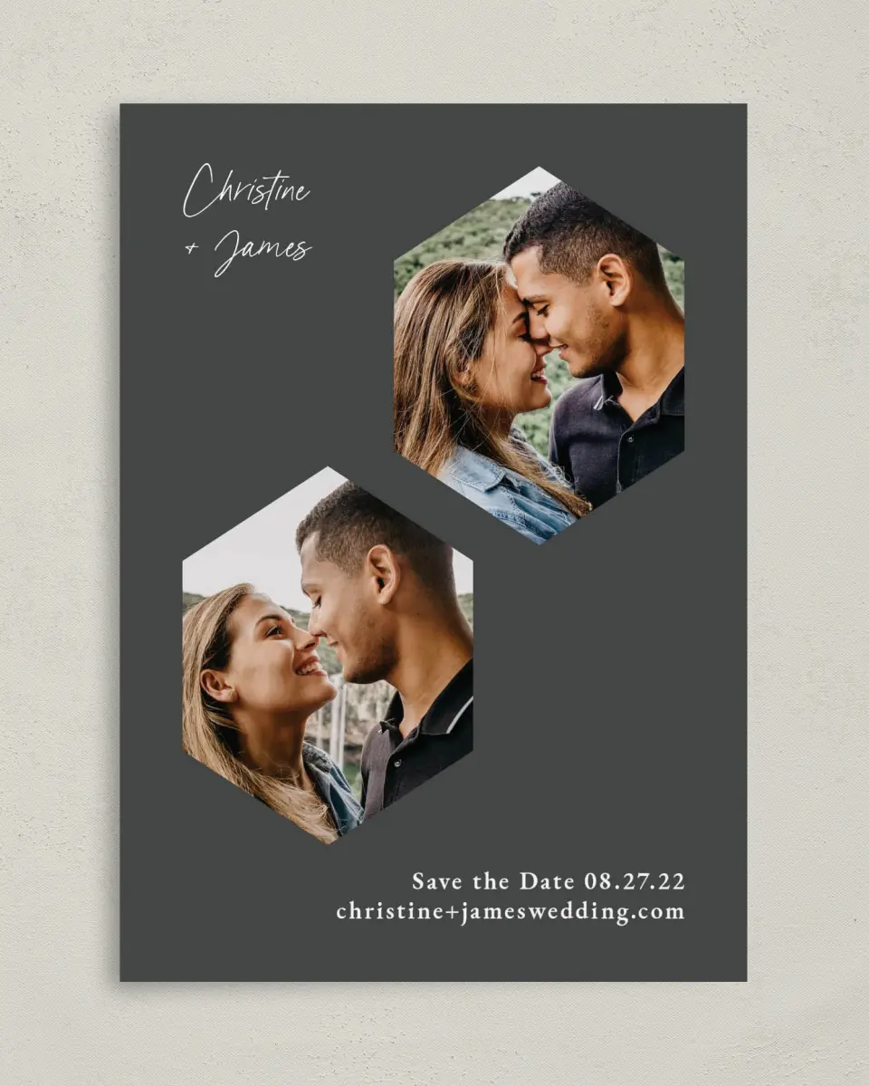 This is a 5" x 7" Save the Date Card called Hexagon Embrace printed in full color on Premium Smooth paper