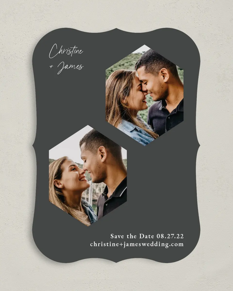 This is a 5" x 7" Save the Date Card called Hexagon Embrace printed in full color on Premium Smooth paper