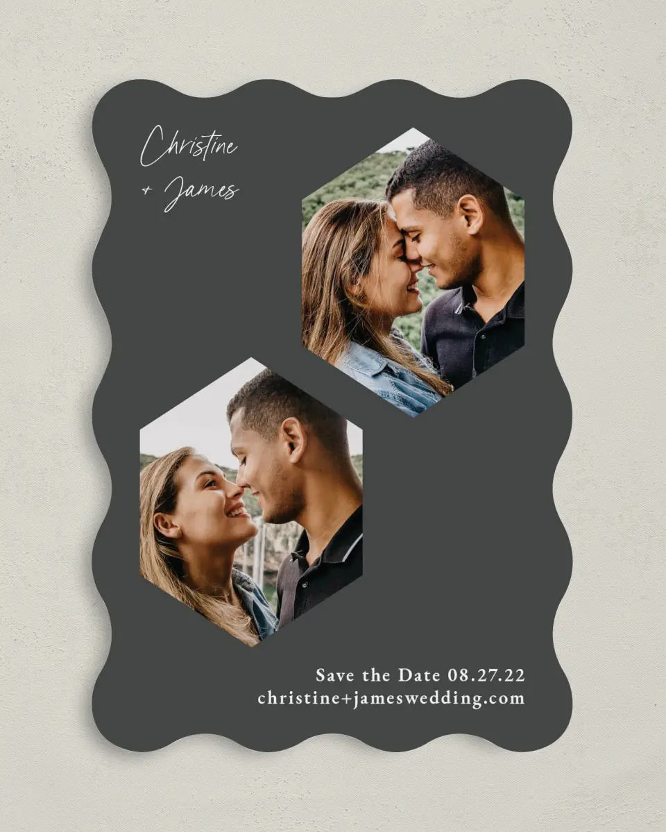 This is a 5" x 7" Save the Date Card called Hexagon Embrace printed in full color on Premium Smooth paper