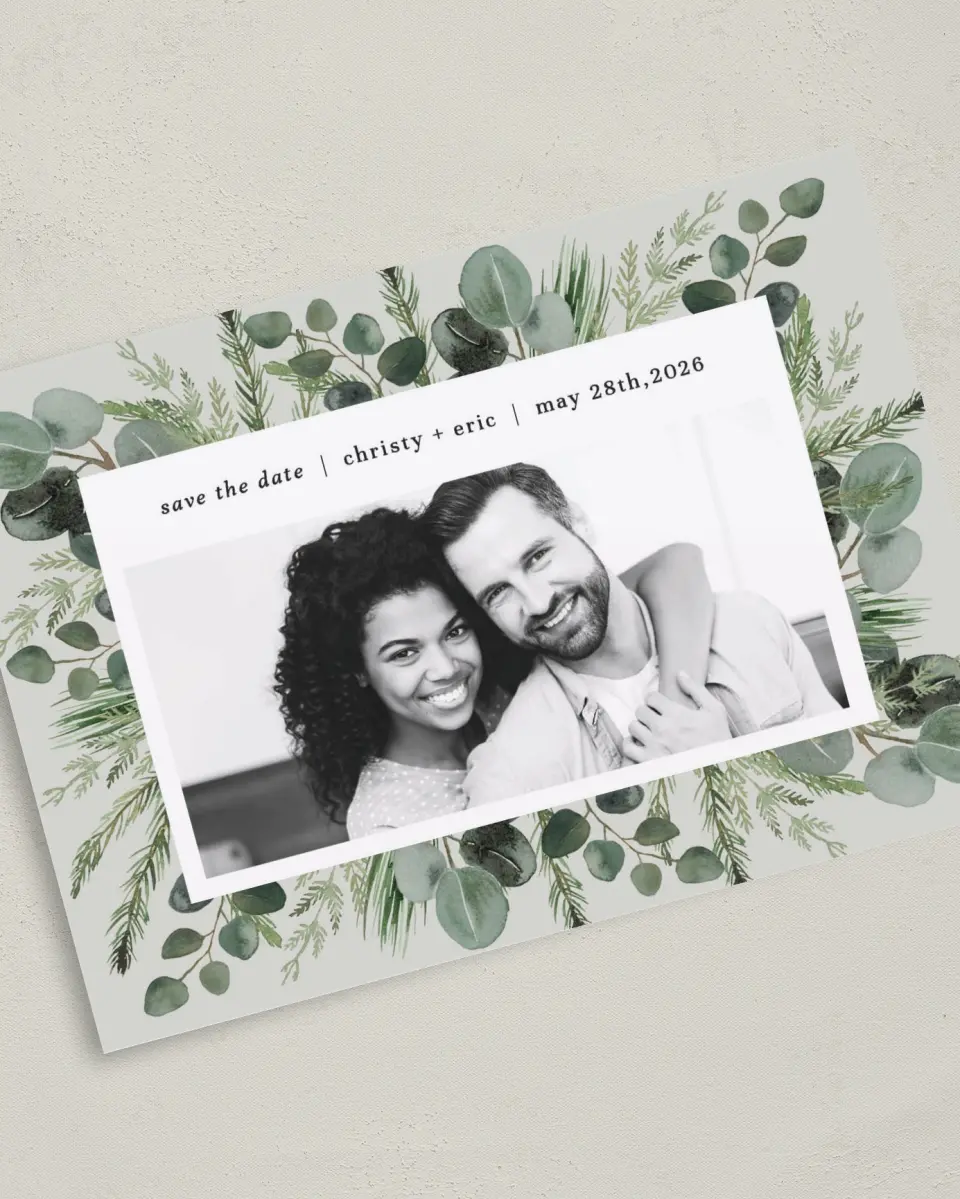 This is a 5" x 7" Save the Date Card called Laurel Squeeze printed in full color on Premium Smooth paper