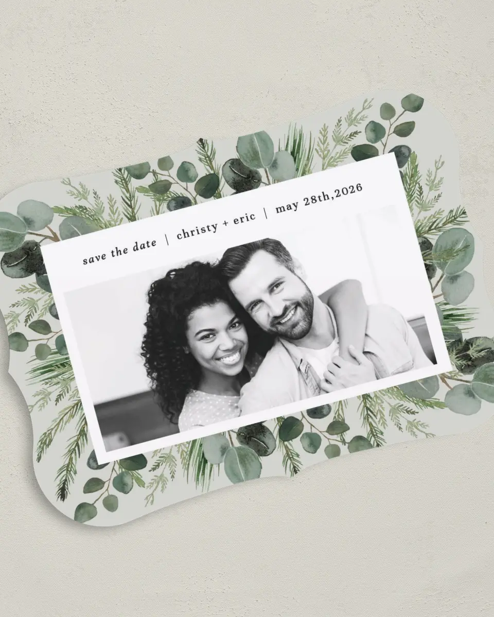 This is a 5" x 7" Save the Date Card called Laurel Squeeze printed in full color on Premium Smooth paper