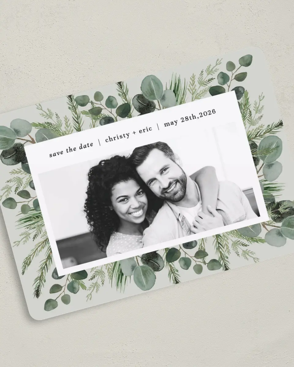 This is a 5" x 7" Save the Date Card called Laurel Squeeze printed in full color on Premium Smooth paper