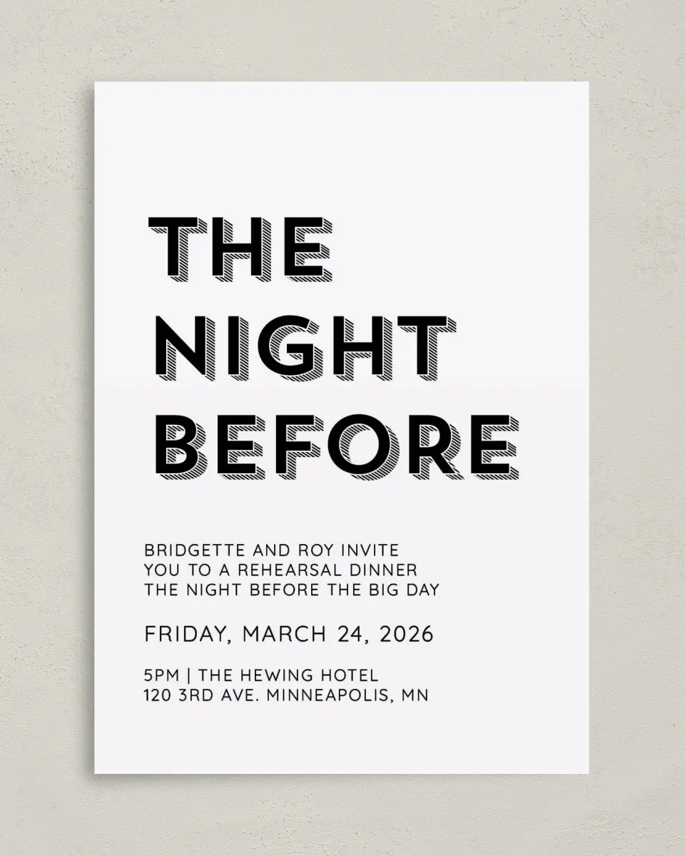 This is a 5" x 7" Rehearsal Dinner Invitation called The Night Before printed in full color with Gold foil on Luxe Satin (coated) paper