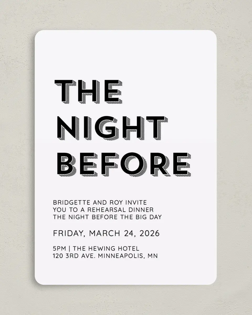 This is a 5" x 7" Rehearsal Dinner Invitation called The Night Before printed in full color on Premium Smooth paper