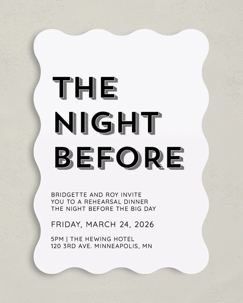This is a 5" x 7" Rehearsal Dinner Invitation called The Night Before printed in full color on Premium Smooth paper