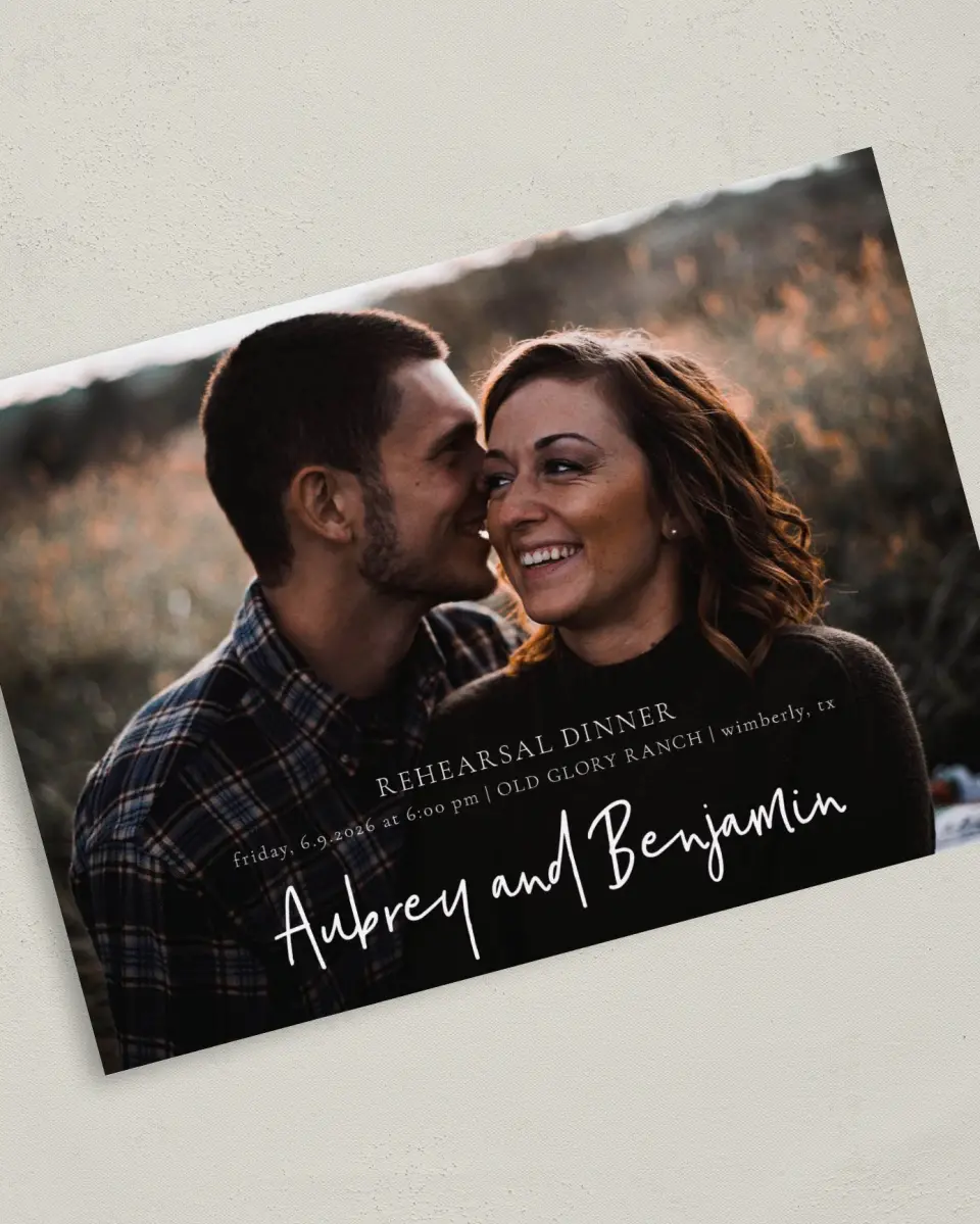 This is a 5" x 7" Rehearsal Dinner Invitation called Cute Couple printed in full color on Premium Smooth paper