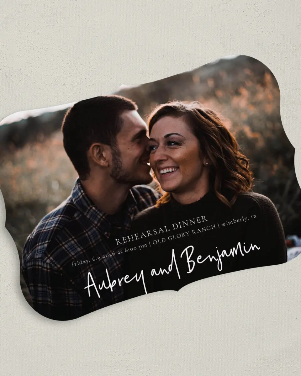 This is a 5" x 7" Rehearsal Dinner Invitation called Cute Couple printed in full color with Silver foil on Luxe Satin (coated) paper