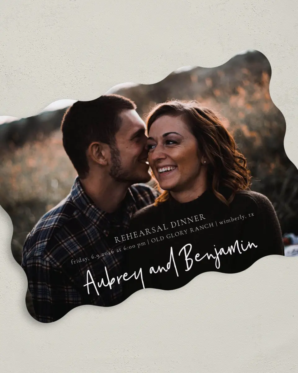This is a 5" x 7" Rehearsal Dinner Invitation called Cute Couple printed in full color on Premium Smooth paper