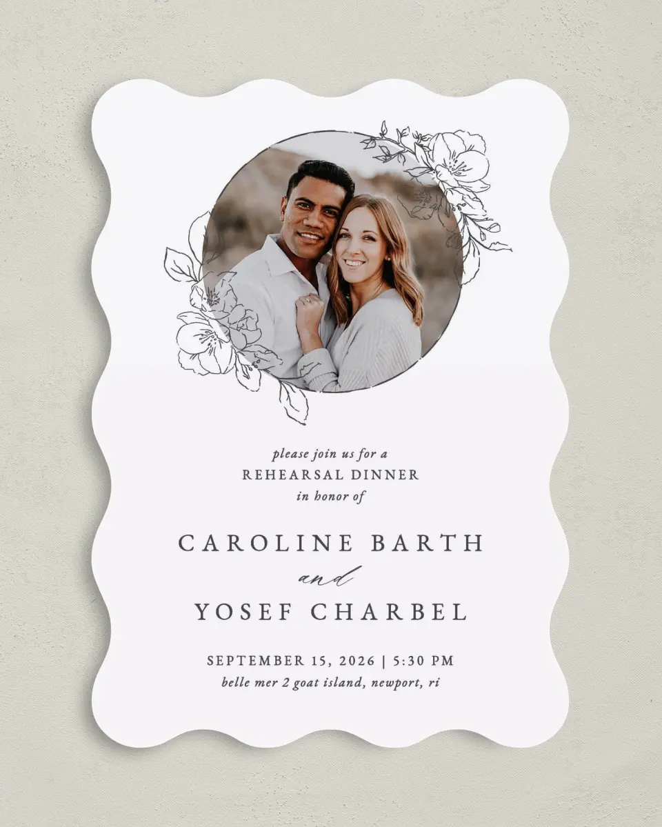 This is a 5" x 7" Rehearsal Dinner Invitation called Rehearsal Wreath printed in full color on Premium Smooth paper