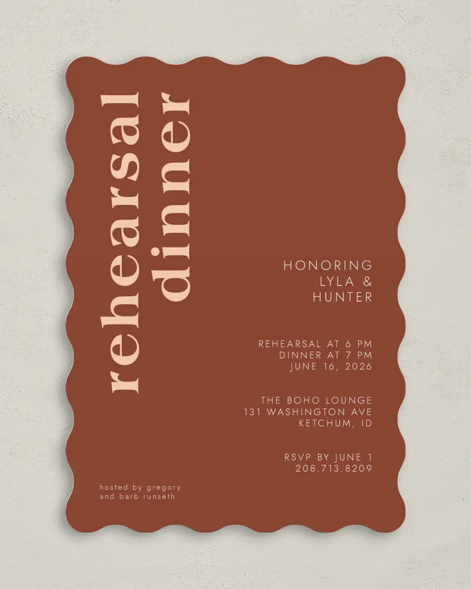 This is a 5" x 7" Rehearsal Dinner Invitation called Mod Rehearsal printed in full color on Premium Smooth paper