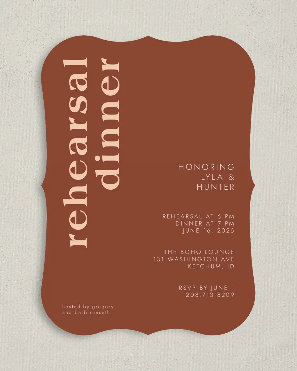 This is a 5" x 7" Rehearsal Dinner Invitation called Mod Rehearsal printed in full color on Premium Smooth paper