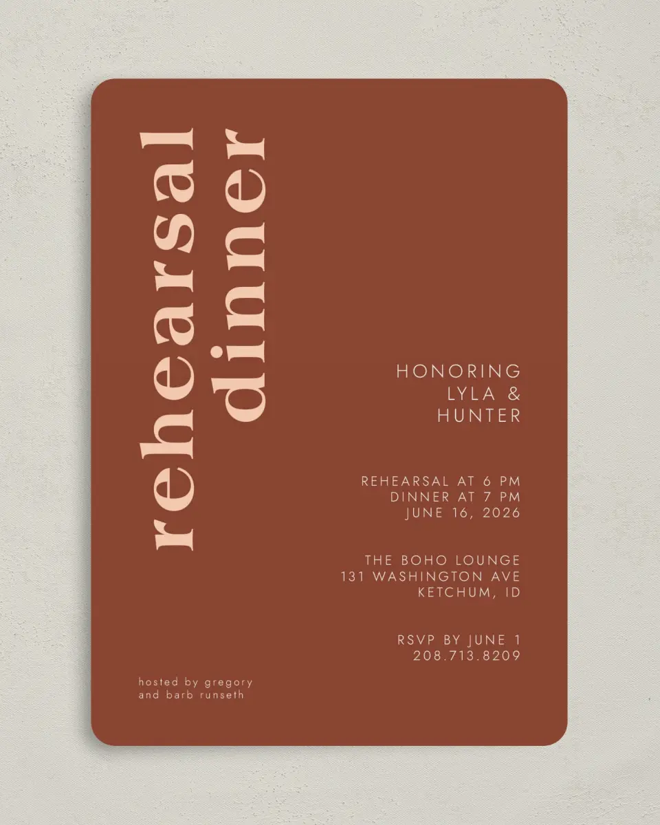 This is a 5" x 7" Rehearsal Dinner Invitation called Mod Rehearsal printed in full color on Premium Smooth paper