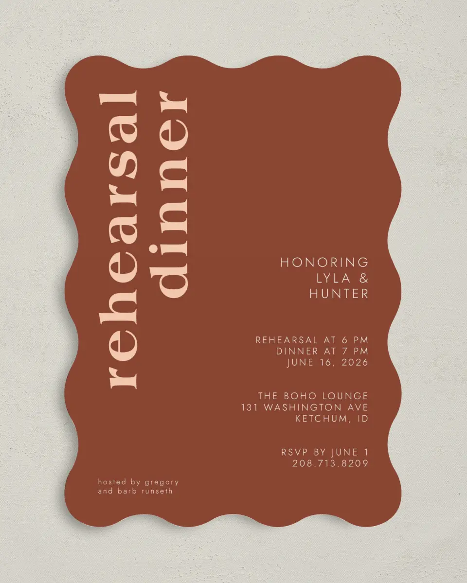 This is a 5" x 7" Rehearsal Dinner Invitation called Mod Rehearsal printed in full color on Premium Smooth paper