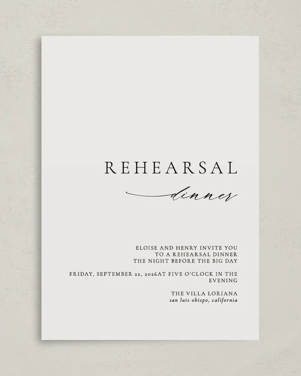 This is a 5" x 7" Rehearsal Dinner Invitation called Elegant Rehearsal printed in full color on Premium Smooth paper