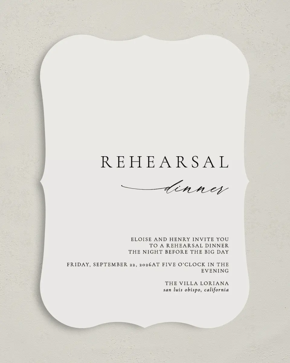This is a 5" x 7" Rehearsal Dinner Invitation called Elegant Rehearsal printed in full color on Premium Smooth paper