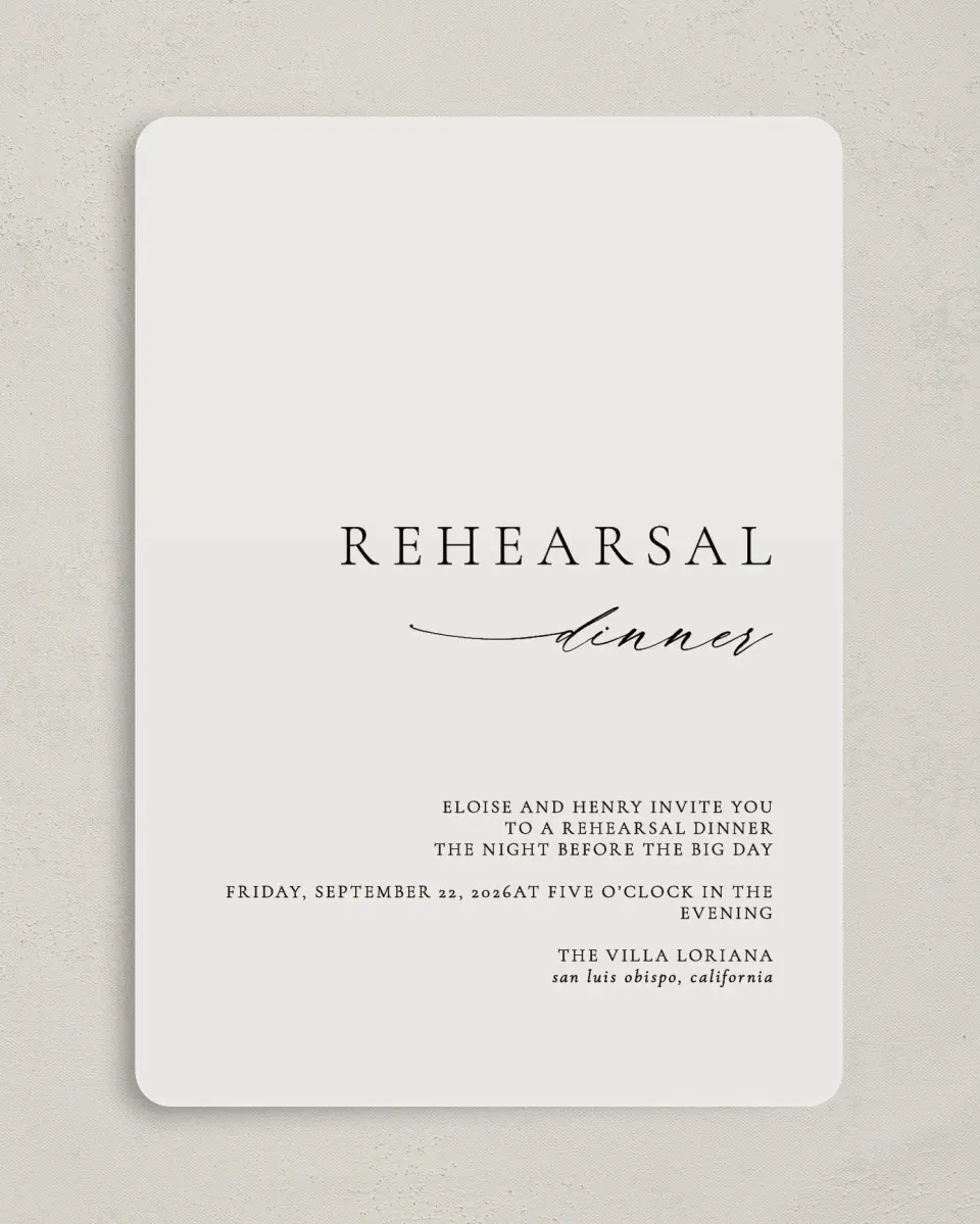 This is a 5" x 7" Rehearsal Dinner Invitation called Elegant Rehearsal printed in full color on Premium Smooth paper