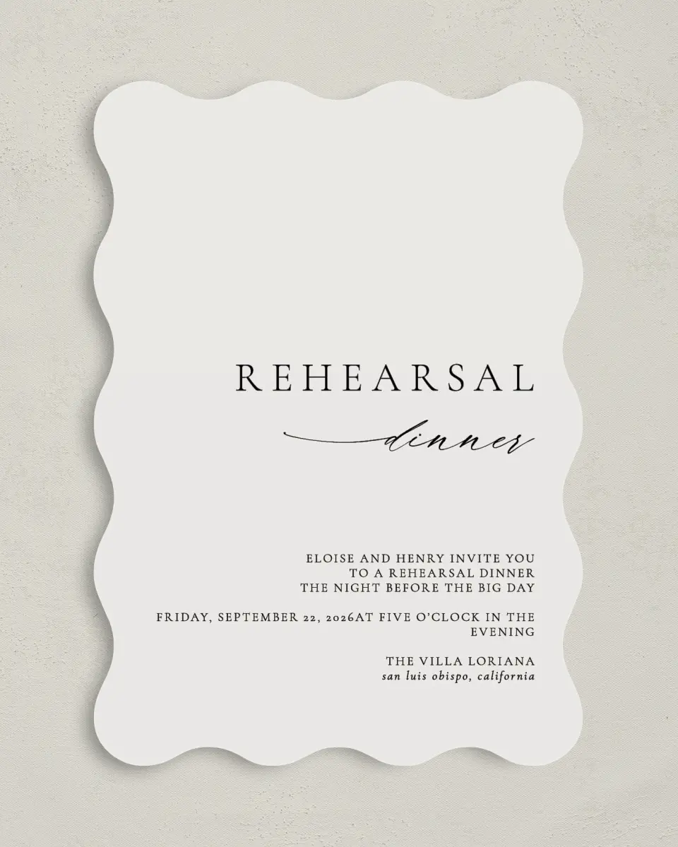 This is a 5" x 7" Rehearsal Dinner Invitation called Elegant Rehearsal printed in full color on Premium Smooth paper