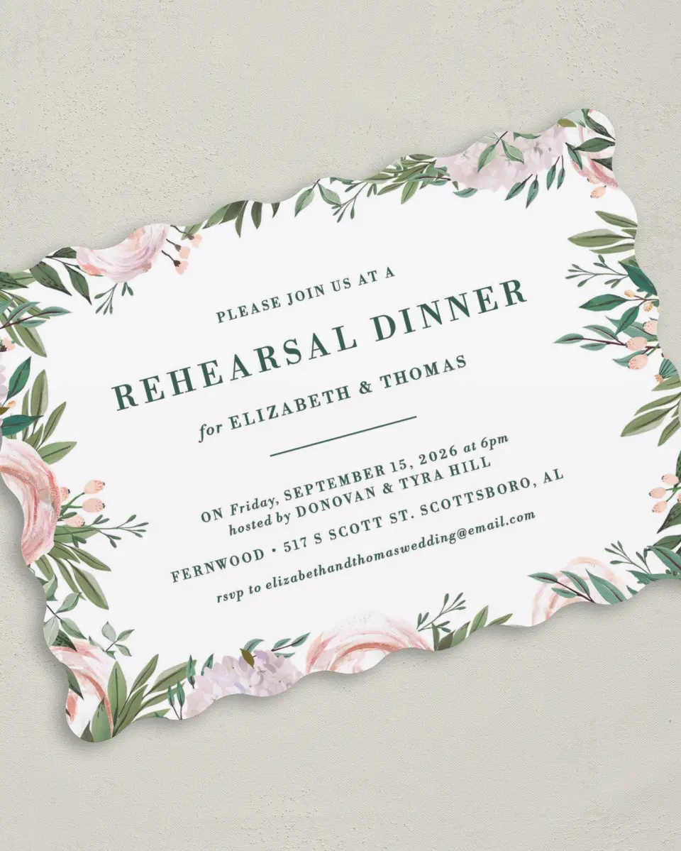 This is a 5" x 7" Rehearsal Dinner Invitation called Blooming Frame printed in full color on Premium Smooth paper