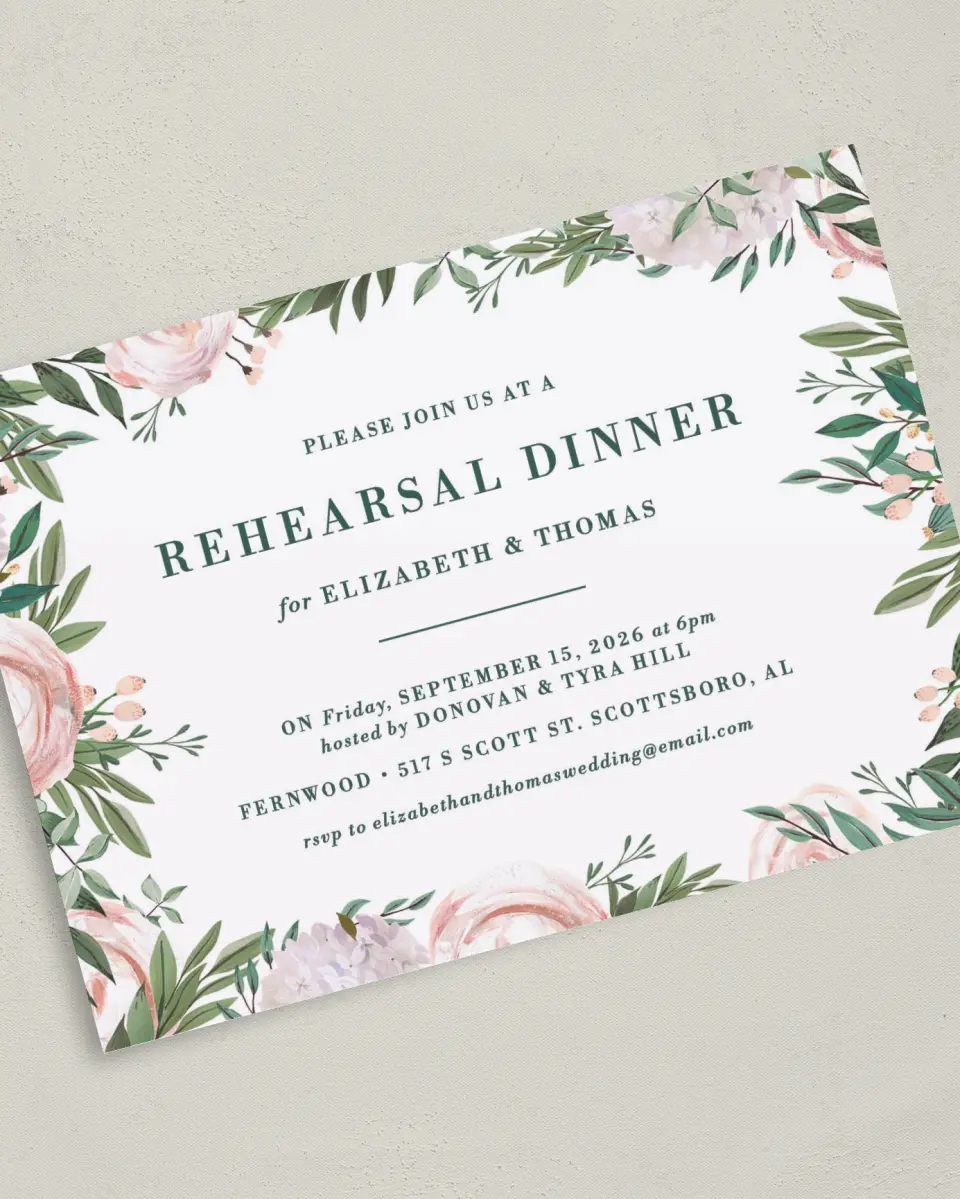 This is a 5" x 7" Rehearsal Dinner Invitation called Blooming Frame printed in full color with Gold foil on Luxe Satin (coated) paper