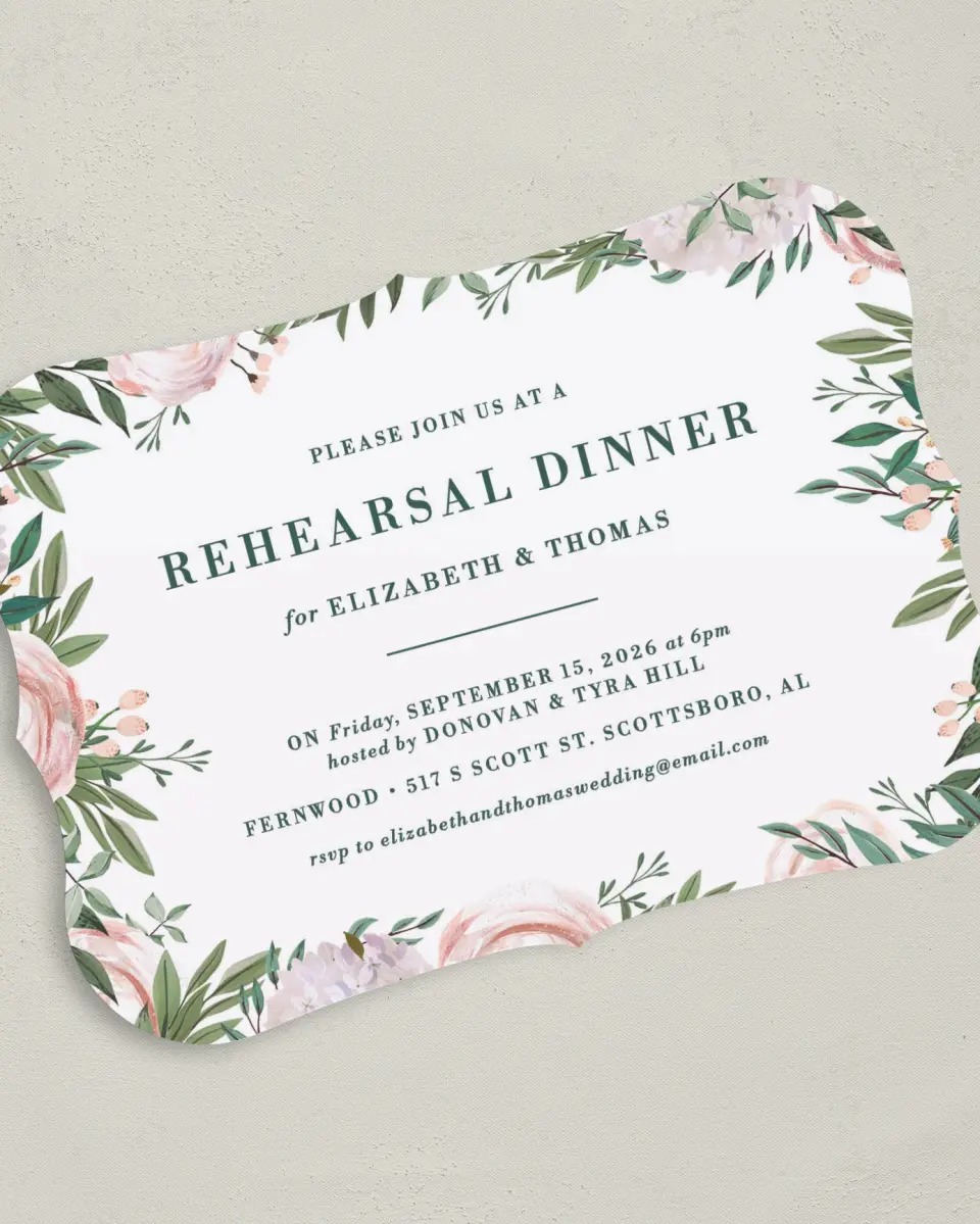 This is a 5" x 7" Rehearsal Dinner Invitation called Blooming Frame printed in full color with Silver foil on Luxe Satin (coated) paper