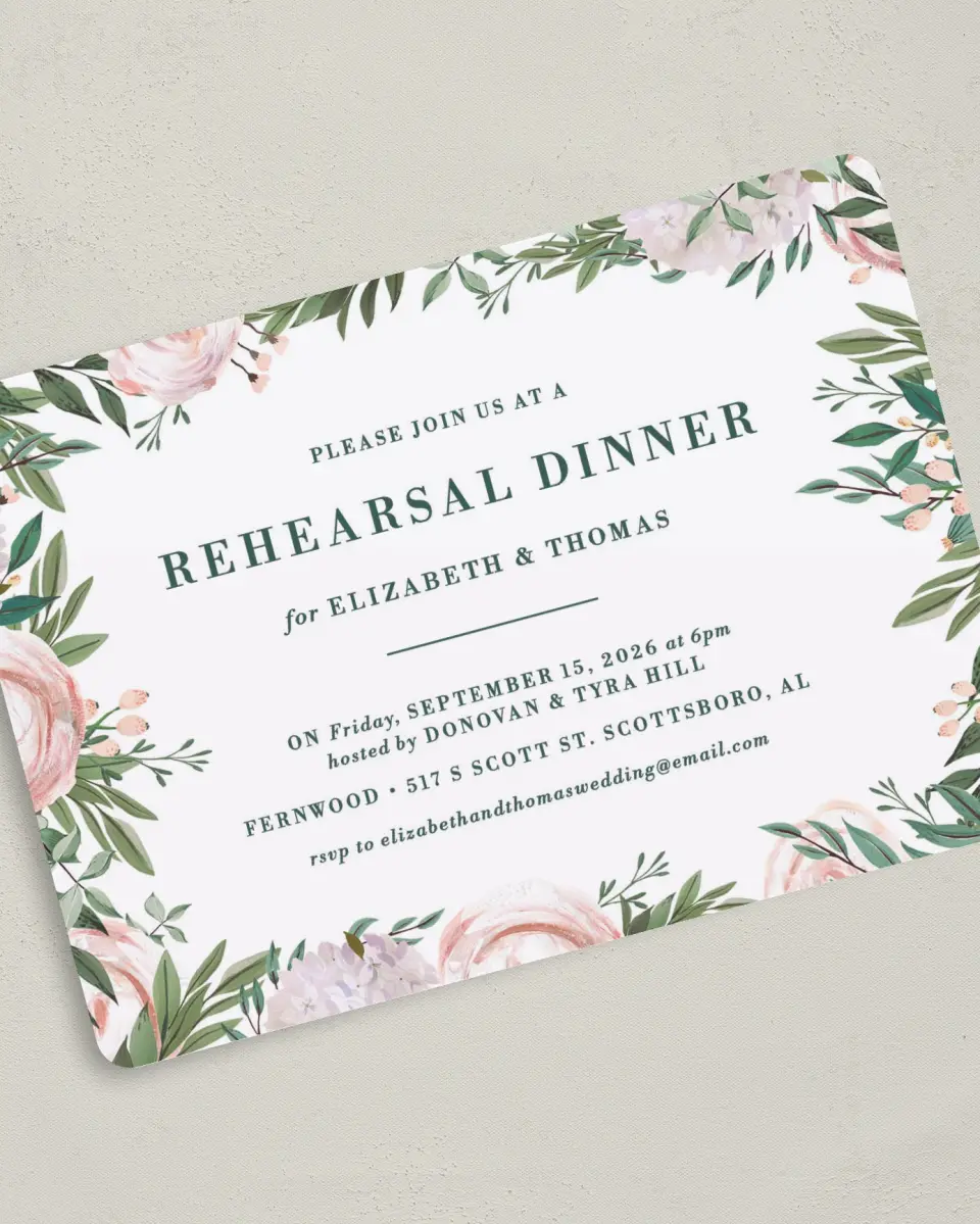 This is a 5" x 7" Rehearsal Dinner Invitation called Blooming Frame printed in full color on Premium Smooth paper