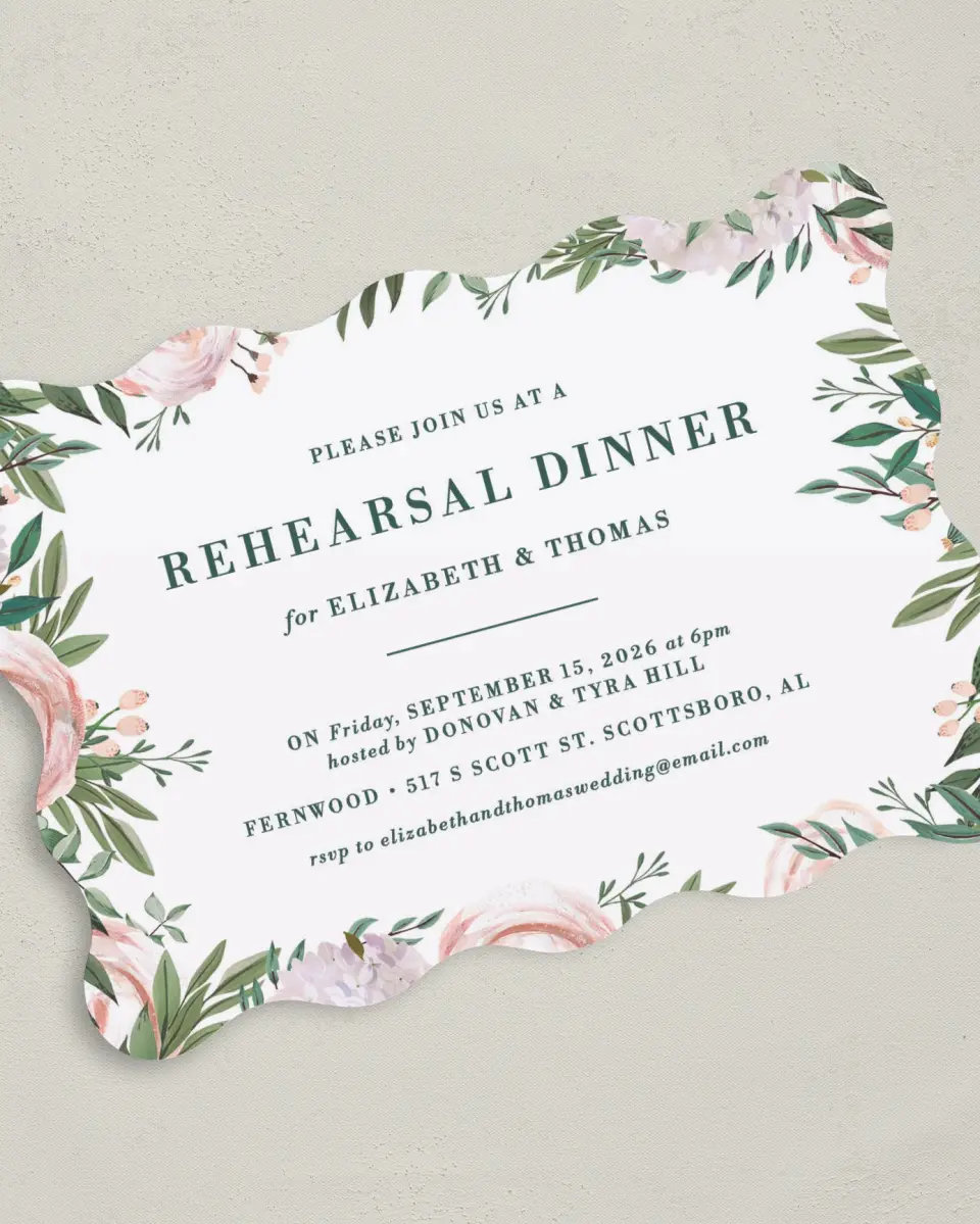This is a 5" x 7" Rehearsal Dinner Invitation called Blooming Frame printed in full color on Premium Smooth paper