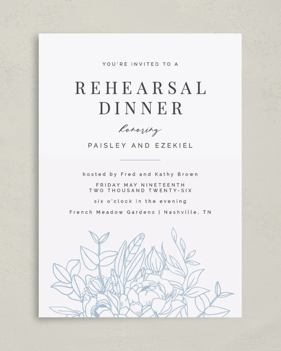 This is a 5" x 7" Rehearsal Dinner Invitation called Dinner Blooms printed in full color on Premium Smooth paper