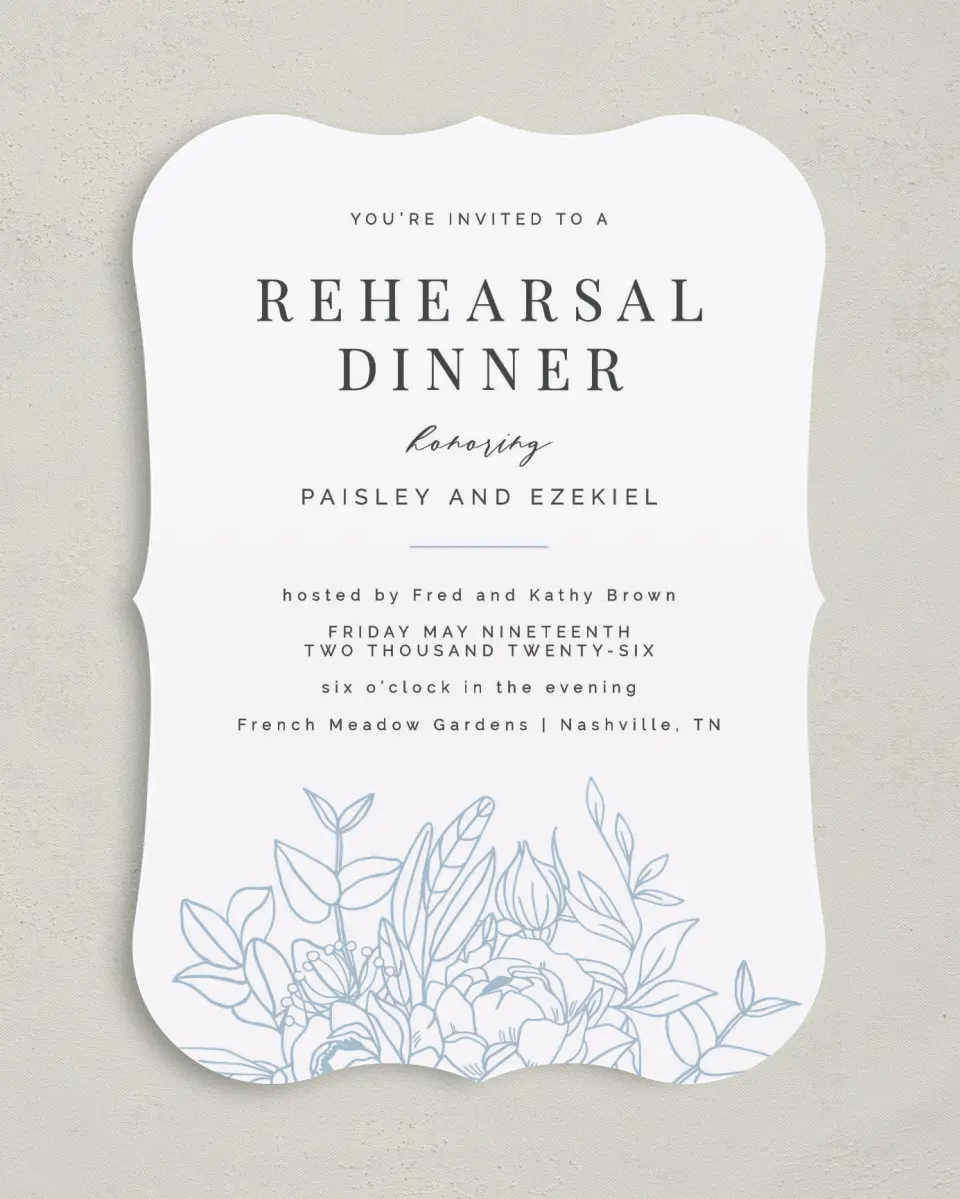 This is a 5" x 7" Rehearsal Dinner Invitation called Dinner Blooms printed in full color on Premium Smooth paper
