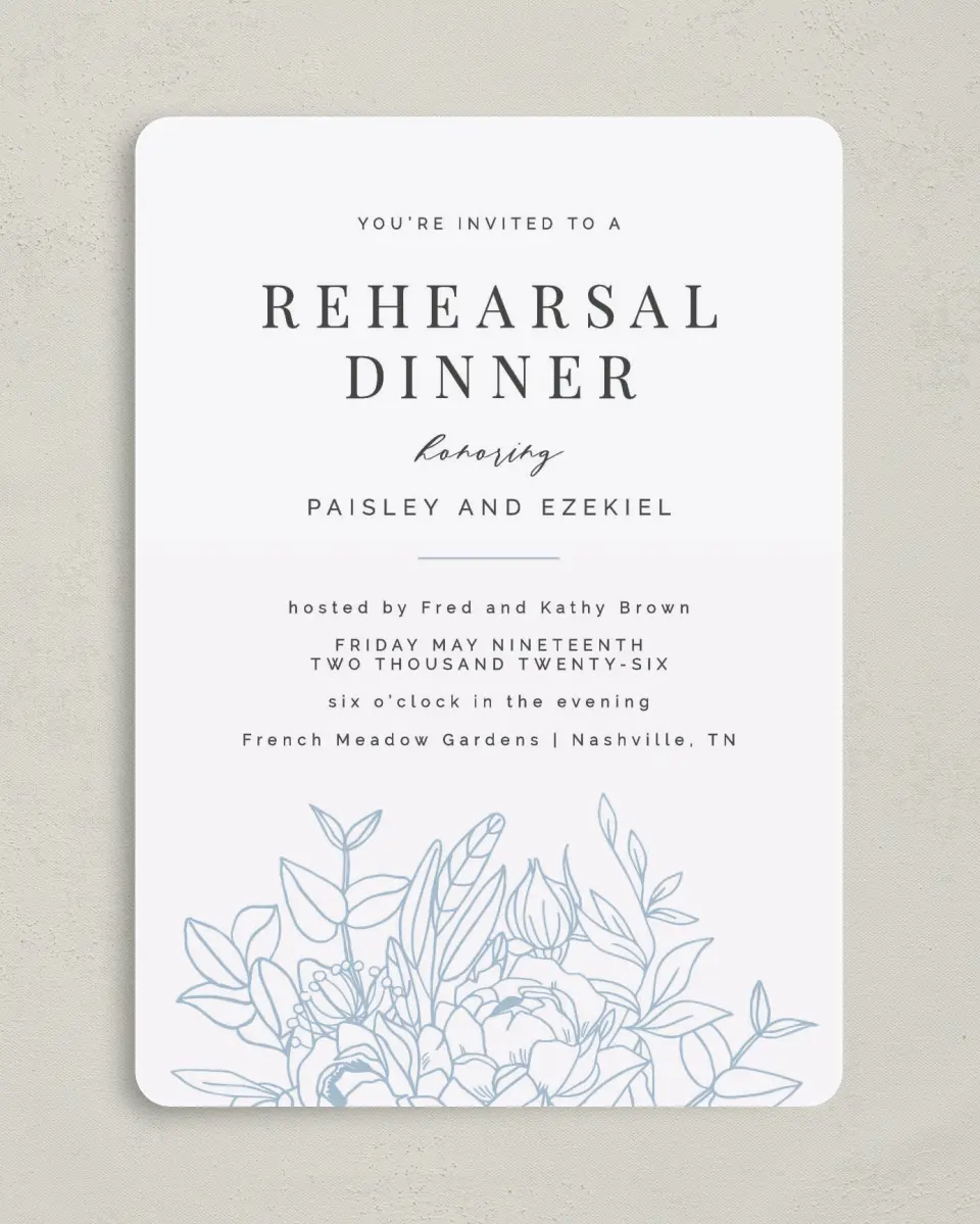 This is a 5" x 7" Rehearsal Dinner Invitation called Dinner Blooms printed in full color on Premium Smooth paper