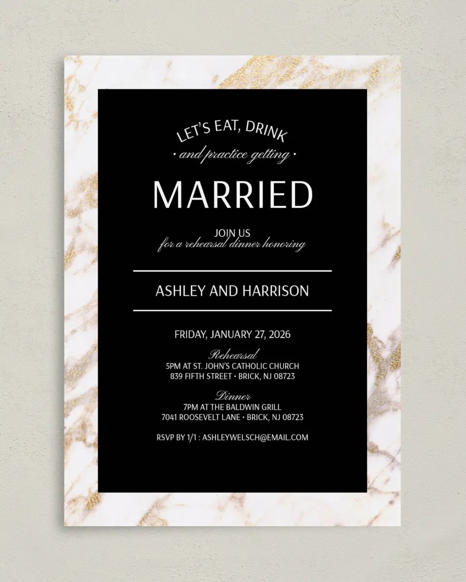This is a 5" x 7" Rehearsal Dinner Invitation called Eat, Drink, Rehearse printed in full color on Premium Smooth paper