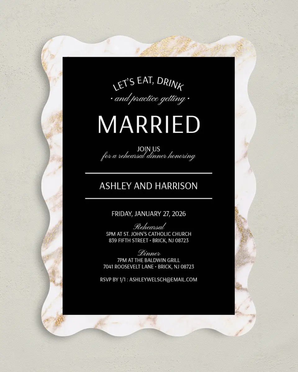 This is a 5" x 7" Rehearsal Dinner Invitation called Eat, Drink, Rehearse printed in full color on Premium Smooth paper